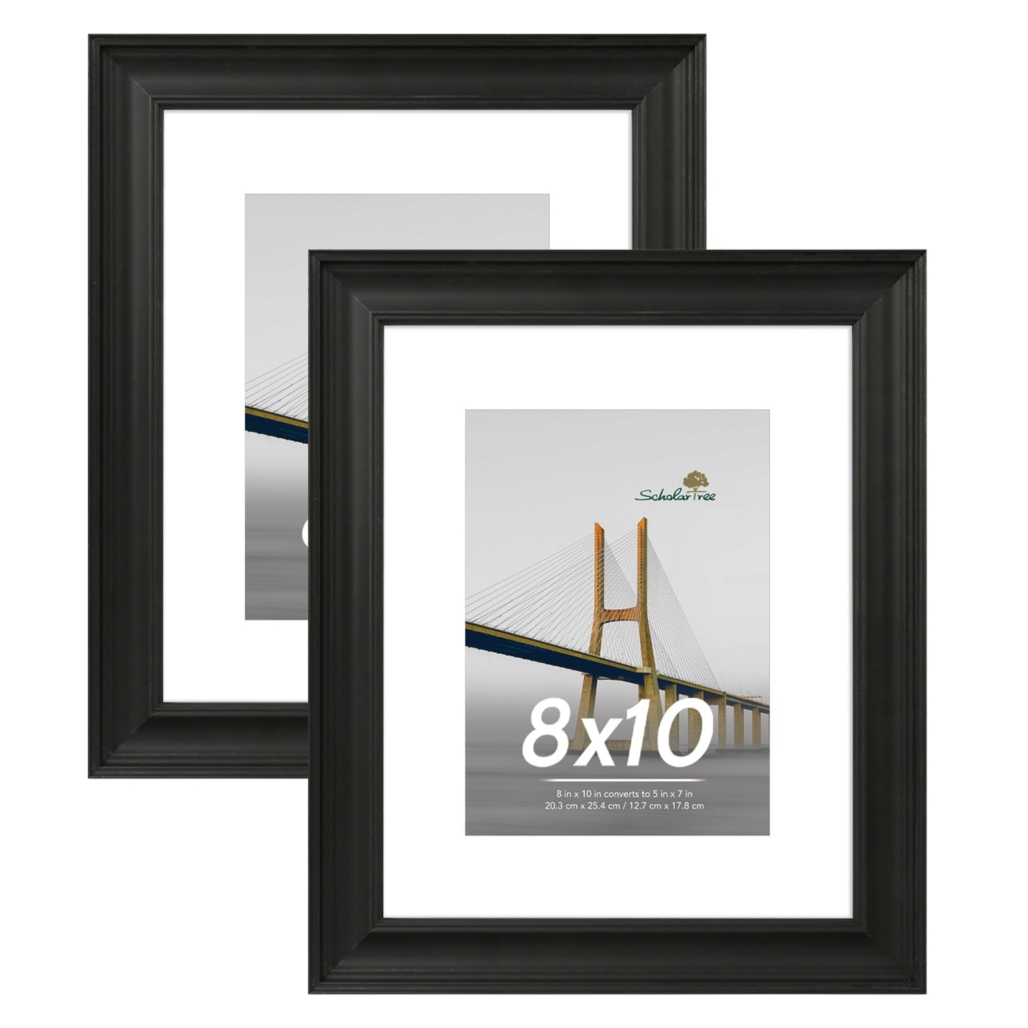 Scholartree 2PACK 8x10 Picture Frame , Display Photo 8x10 Matted to 5x7 Tabletop Picture Frame & Wall Frame, Black