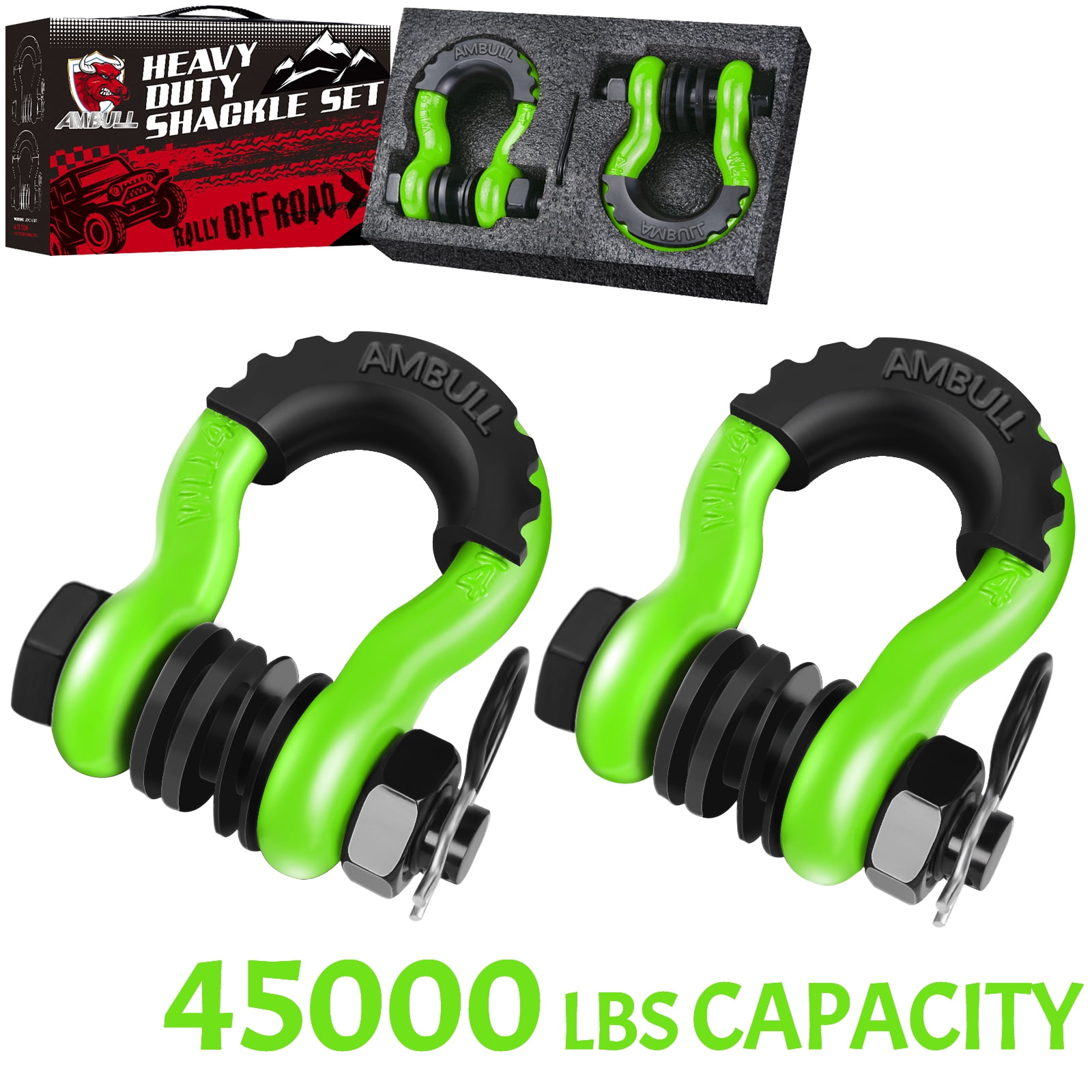 AMBULL Shackles 3/4" D Ring Shackle (2 Pack) 45,000lb Break Strength with 7/8" Pin, Anti Theft Security Screws, Isolator & Washer Kits for Use with Tow Strap Winch Truck Vehicle Recovery, Green