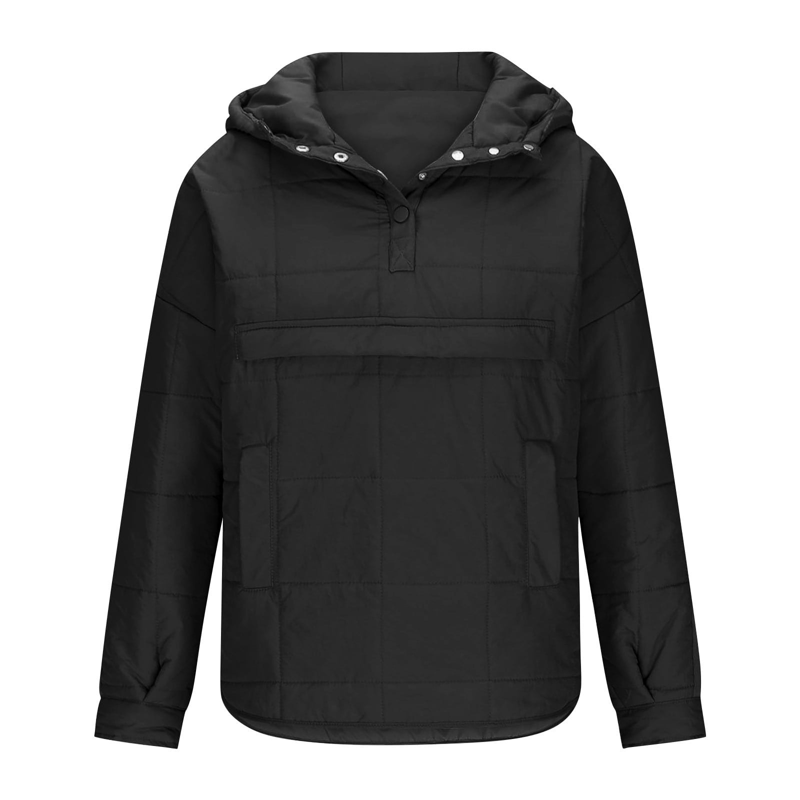 Rigardu Hoodies for Women Pullover Women's Quilted Pullover Puffer Jacket Oversized Long Sleeve Hooded Coats Winter Warm Lightweight Outwear with Pocket Womens Hoodies Black L