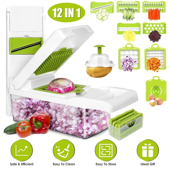 Imountek 12 in 1 Vegetable Chopper with Container, Kitchen Food Slicer Dicer Grater Peeler Egg Separator Hand Protector for Onion Salad Potato