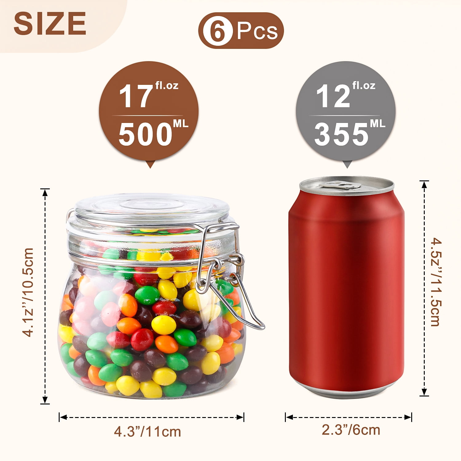 FOUKUS Glass Jars with Airtight Lid 6 Pack: 17oz Food Storage Containers with Lids, Clear Round Canisters, Spice Jars with Clamp for Sugar, Coffee, Pasta, Beans, Cereal, Pantry Organization