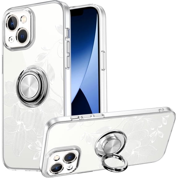 for iPhone 14 Case with Ring Kickstand Holder Clear Floral Soft TPU Shockproof Protective Phone Case Cover for iPhone 14 [Support Car Mount]-White