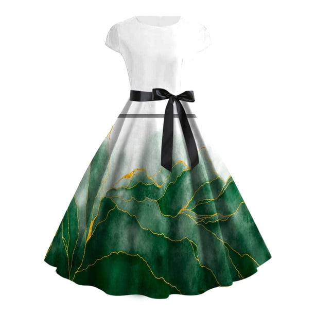 Vestido Corto de Verano Floral Encaje Imprimido Cuello Redondo Vestido Grande Del Doblado, Vestido de Verano Casual