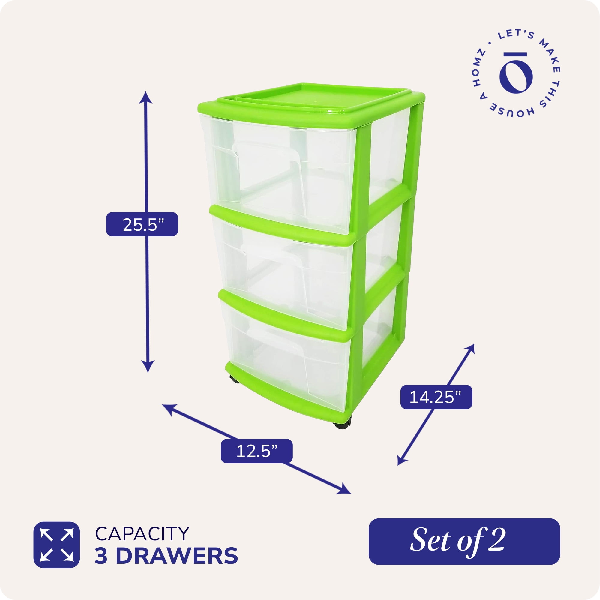 Homz 3-Drawer Medium Storage Container, Clear Drawers/Lime Frame (2 Pack)
