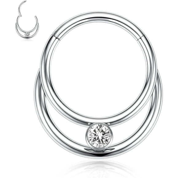 16G Hinged Septum Clicker Ring Nose Ring Surgical Steel Daith Earrings Conch Daith Rook Tragus Piercing Jewelry Small Hoop Earring Double Layer:Style5-Silver with CZ 16G-5/16"(8mm)