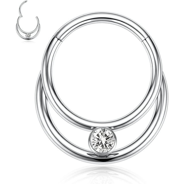 16G Hinged Septum Clicker Ring Nose Ring Surgical Steel Daith Earrings Conch Daith Rook Tragus Piercing Jewelry Small Hoop Earring Double Layer:Style5-Silver with CZ 16G-5/16"(8mm)