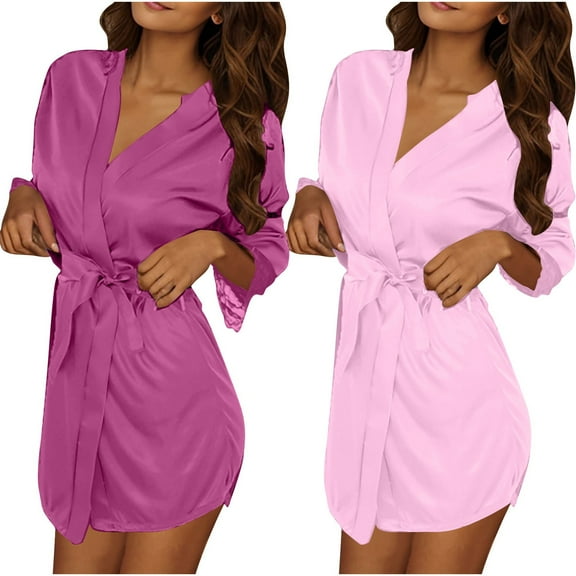 Fengactive 2PC Women's Short Robes Lightweight Sexy Belted Sleepwear Bridesmaid Bride Party Bathrobes