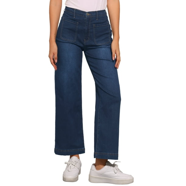 Pantalones de mezclilla de pierna ancha para mujer, de cintura alta, elásticos y rectos, en negro y azul