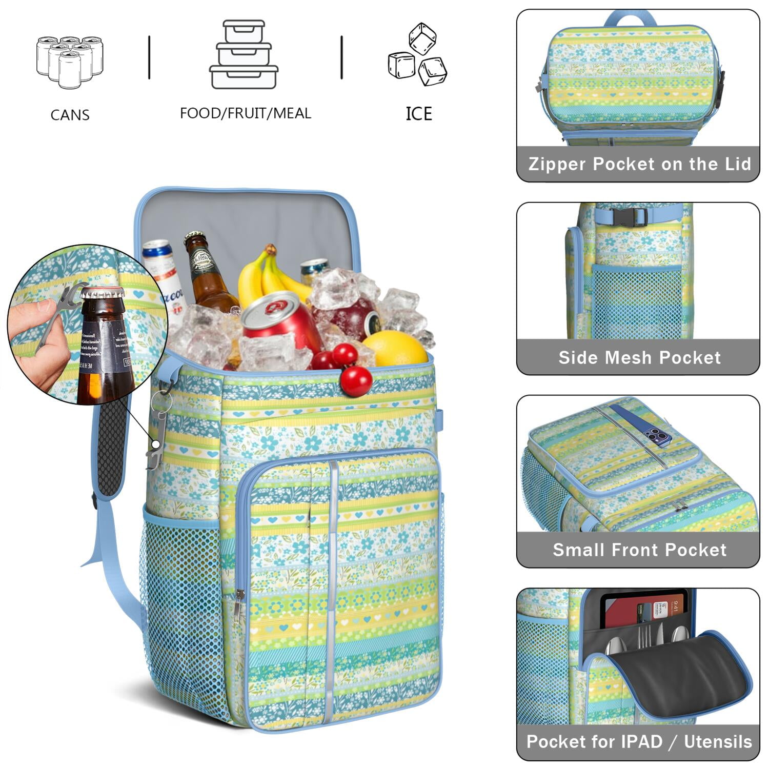 Travel Cooler Bag - Boho Bohemia Pioneer Flower Geometric Line Art Camping Beer Cooler Backpack with Bottle Opener- Waterproof Insulated Picnic Backpacks - Cooler Bag for Beach