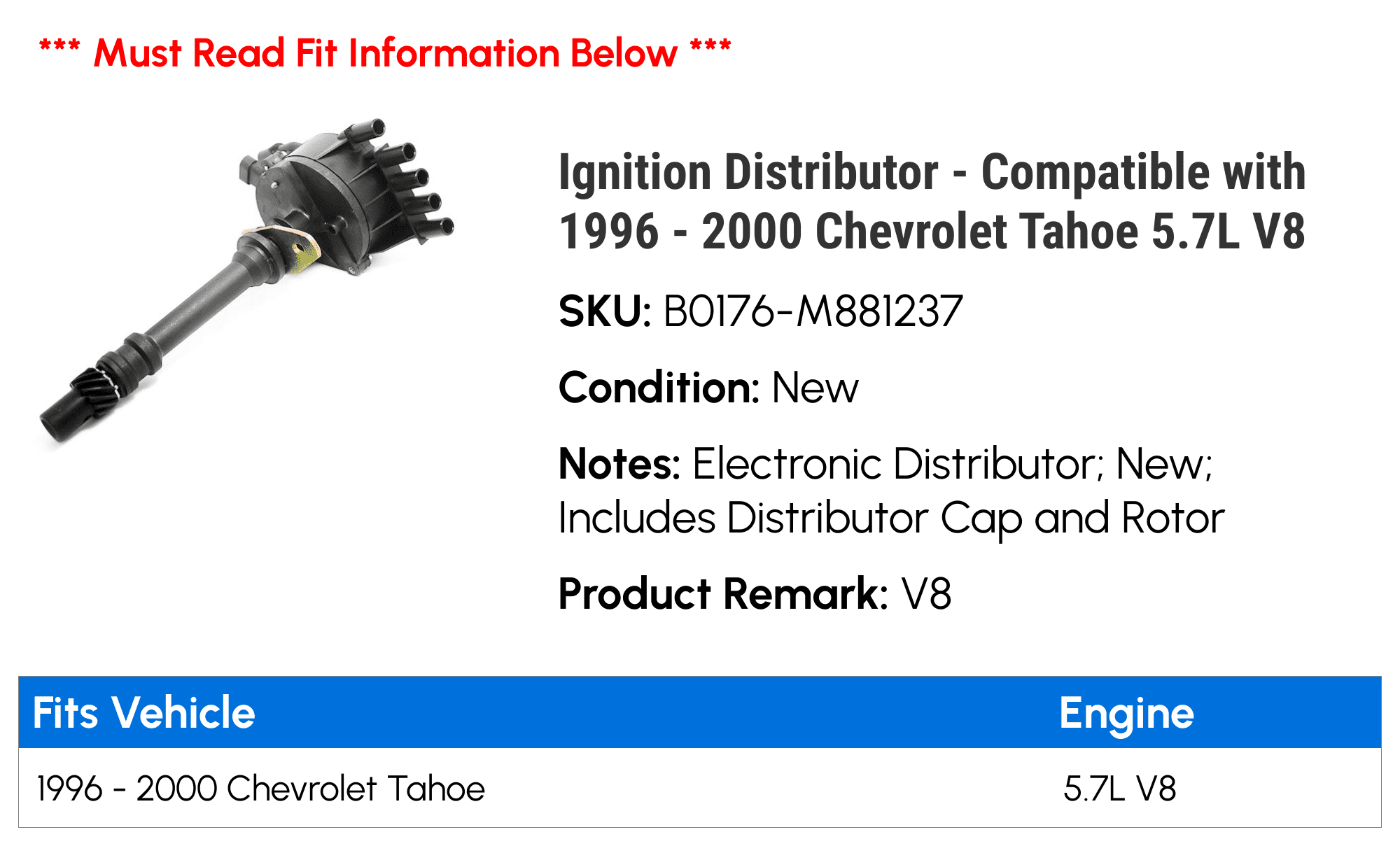 Ignition Distributor - Compatible with 1996 - 2000 Chevy Tahoe 5.7L V8 1997 1998 1999