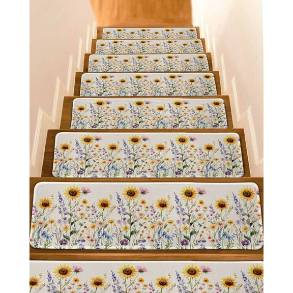 Sunflower Stair Treads for Wooden Steps Indoor Runner Rug Carpet, Vintage Spring Floral Summer Botanical 15 Pieces Peel and Stick Staircase Step Treads Covers Washable Throw Door Mats, 30"x8"