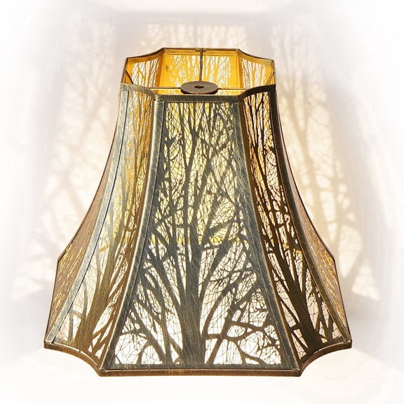 SWAIFDEE Square Cut-Corner Metal Lamp Shade, Bell Lampshade Etched Forest Pattern, Imperial Palace Style, 6.2" x 13" x 10.8", Bronze Exterior & Gold Interior