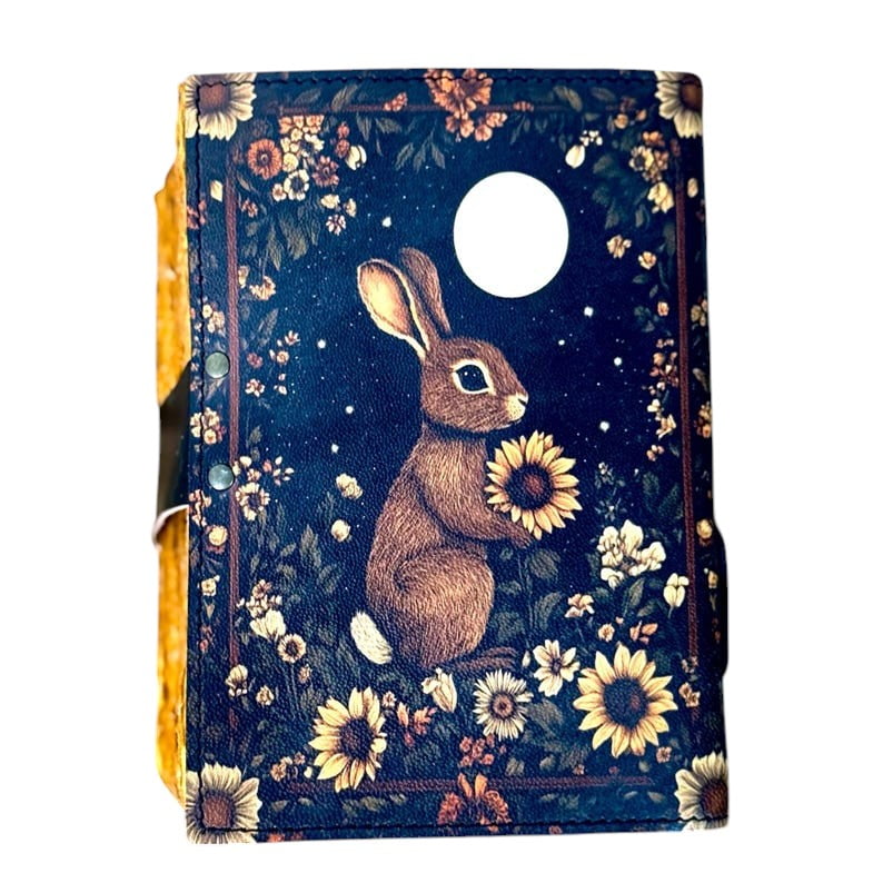 Handmade Leather Journal with Moon & Rabbit Artwork – 5x7 Inch Vintage Notebook with 200 Deckle Paper Pages, Antique Clasp, Rustic Animal-Themed Writing Diary