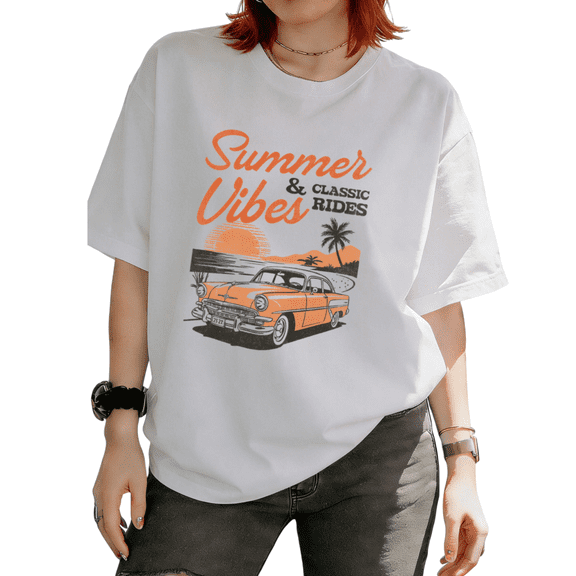 Summer Vibes & Classic Rides Vintage Car Beach Sunset Graphic Tees T-shirt Retro Tops Short Sleeve White S-5XL