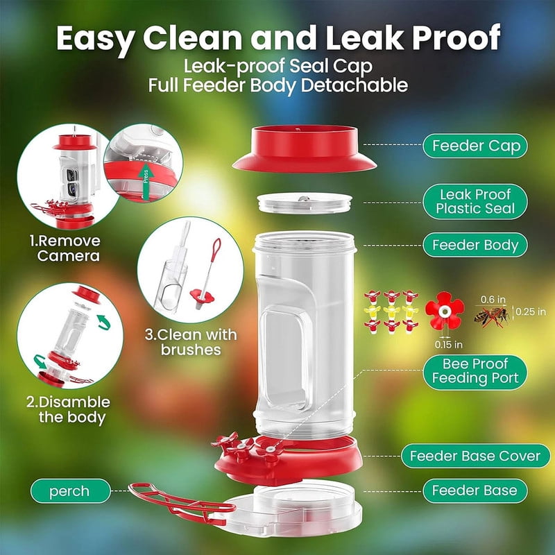 Soliom Smart Hummingbird Feeder Camera 2K Live & AI, Leak-Proof, Ant & Bee-Proof, Solar Powered, Outdoor Pole/Hook Hanging, 16oz, Red – Ideal Family Gift