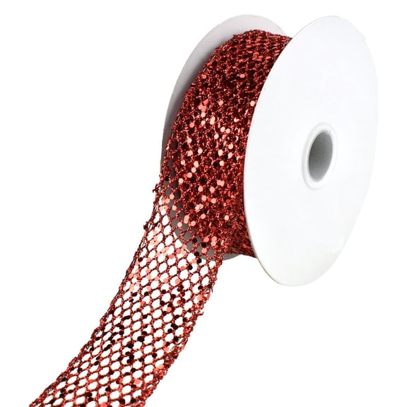 Christmas Dazzling Glitter Chunk Netting Wired Ribbon, 1-1/2-Inch, 10-Yard - Red
