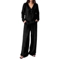 thumbnail image 2 of Guieoi Matching Outfits for Women Solid-Color Cotton-Linen Wide-leg Pants Set V-neck Button-down Long-sleeve Loose-fit Top + High-waisted Pants Two-Piece Set Black M, 2 of 9