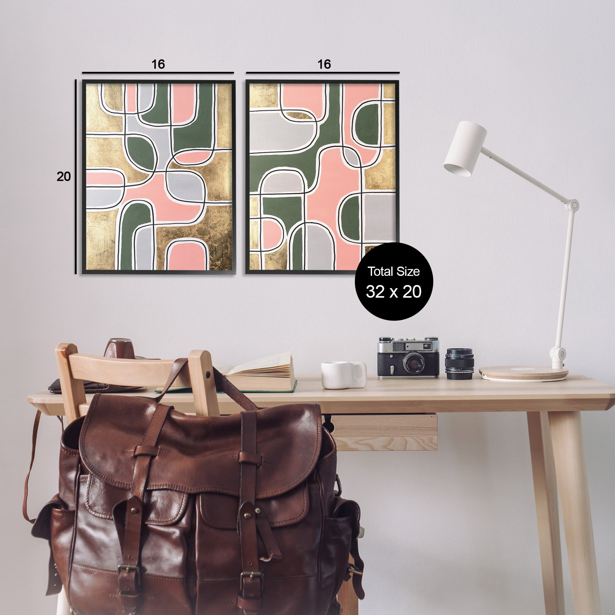 Stupell Industries Overlapping Shapes on Glam Abstract Painting Black Framed Art Print Wall Art, 16 x 20, Set of 2