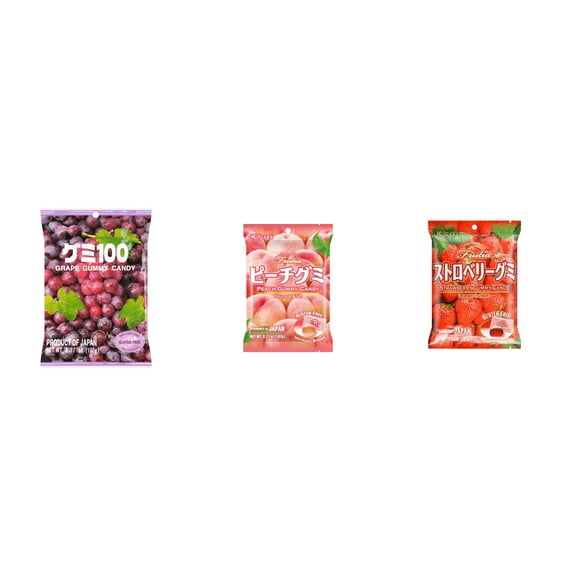 3 Pack Kasugai Gummy Candies, Made in Japan, Gluten Free, Mix 3 Flavor (Grape Frutia,Peach,Strawberry) Plus NineChef Brand Long Handle Coffee Spoon