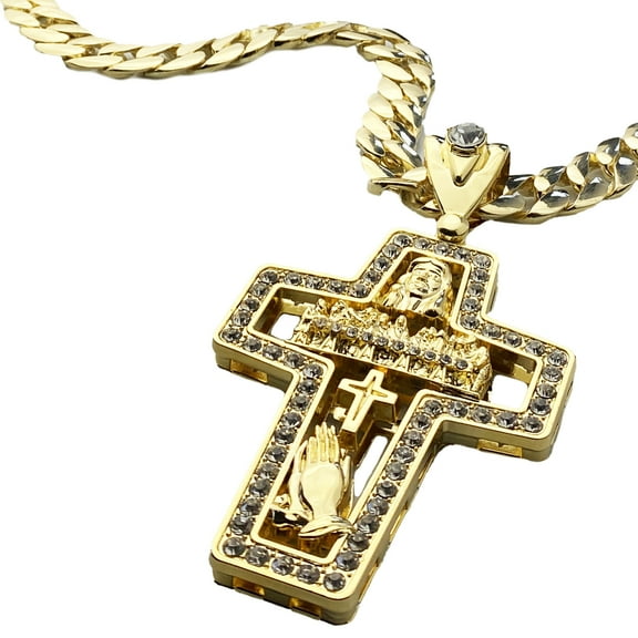 Mens 14K Gold Plated Open Cross Iced Combo Pendant Jesus Charm Last Supper Cross Praying Hands Hip Hop Chain Necklace 33"