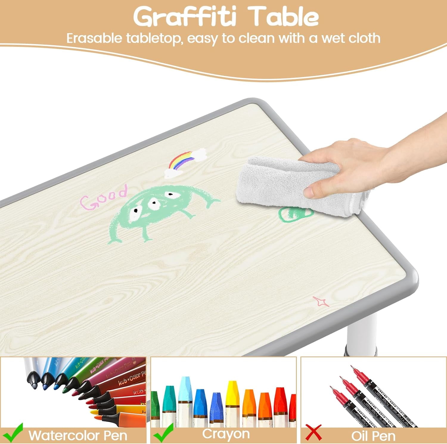 Kids Table and 6 Chairs Set with Storage Box, Height Adjustable Toddler Table and Chair Set for Ages 2-10, Graffiti Desktop, Non-Slip Legs, Children Activity Table for Daycare Classroom Home