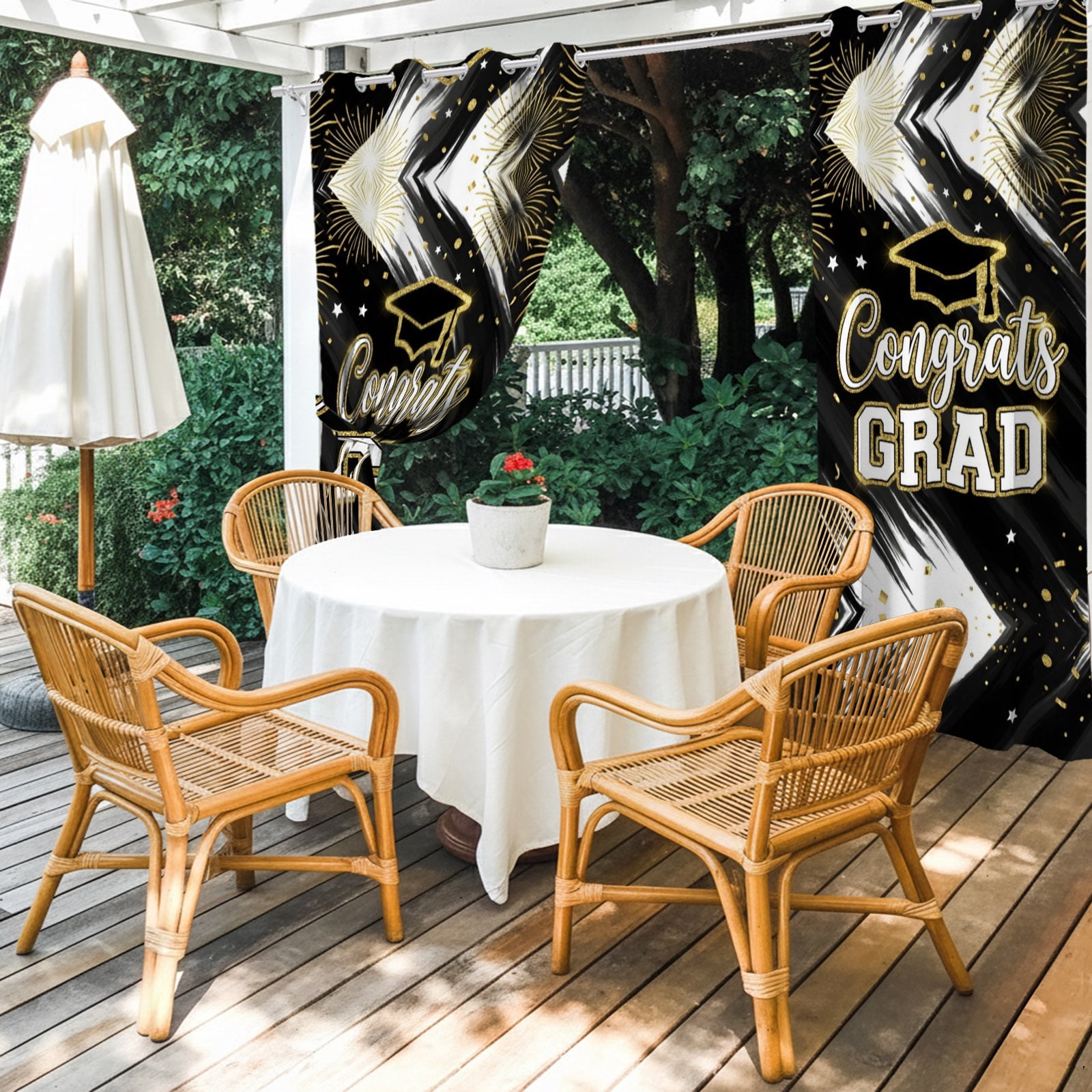 Graduation Cap Outdoor Curtains for Patio, Modern Black Gold Firework Glitter Star Sunshade Privacy Drapes Grommet Waterproof Outside Curtains for Porch/Cabana/Balcony 54"x 108", 1 Panel