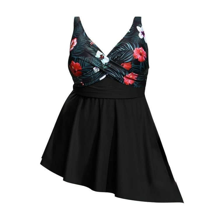 asymmetrical swim dress Women's Asymmetrical Hem Swim Dress Built-In Shorts-Orange Flower main image 1