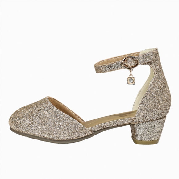 Ymyiu Mary Jane Shoes for Girls Girls Dress Shoes Kids Toddler Heels Pumps Flower Girl Mary Jane School Wedding Party Princess Shoes Size 1.5(Gold, Big Kids 1.5)