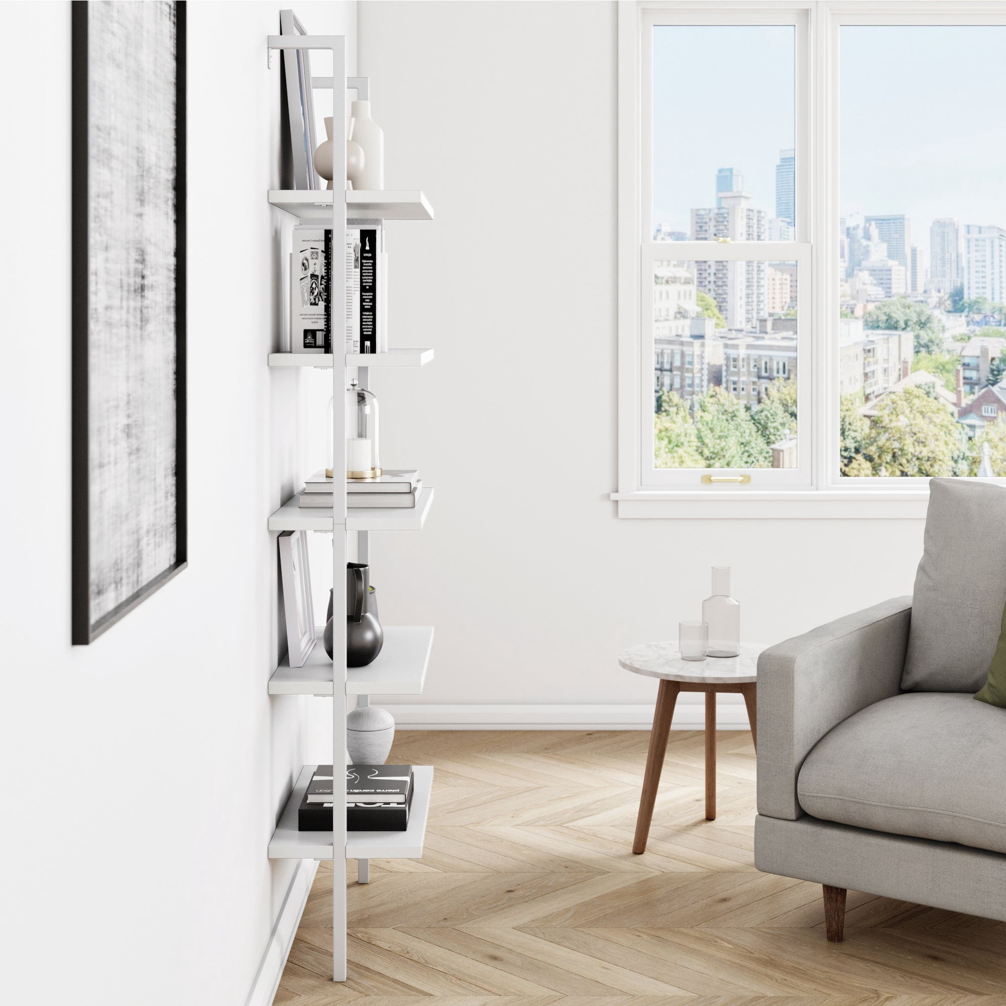 Nathan James Theo Industrial 5-Shelf White Ladder Bookcase with White Open Shelves and White Metal Frame