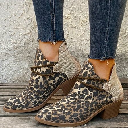 

MIASHUI Booties Canvas Short Suqare Zipper Shoes Retro Leopard Heels Round Women Toe Women s Boots Women Sneakers Shoes Wedges Women Shoes Casual