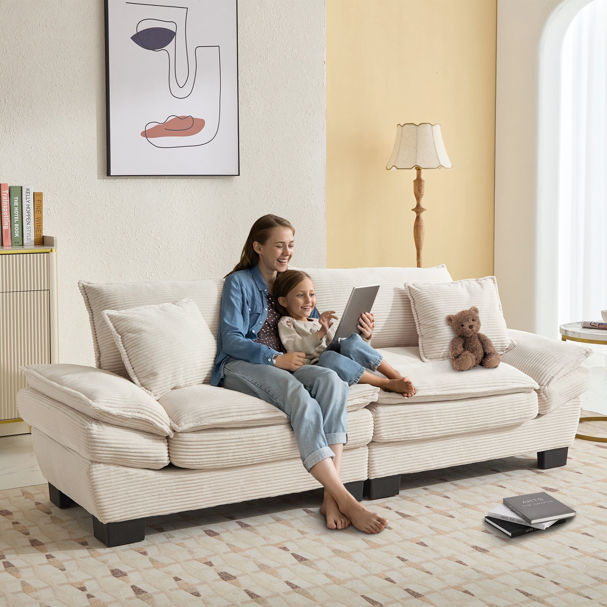 Dinosisco 84"L Deep Seat Sofa, Corduroy Upholstered Sleeper Couch for Living Room, Beige