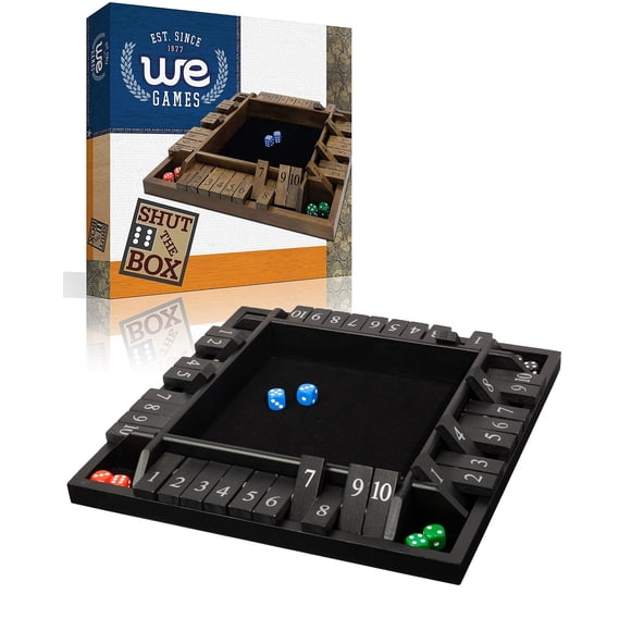 Juego Shut The Box WE Games para 4 jugadores con 10 fichas numéricas y 8 dados