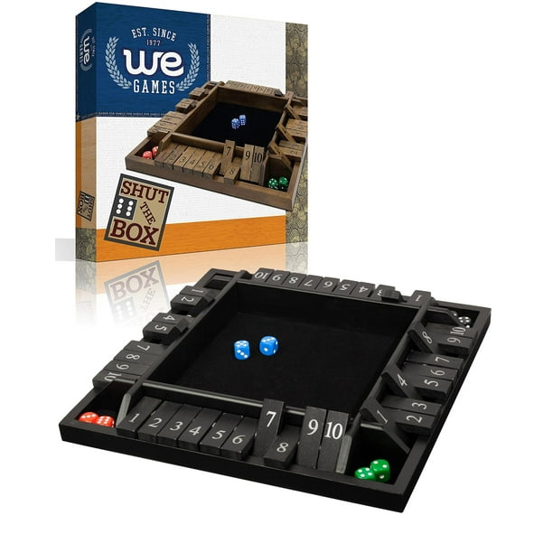 Juego Shut The Box WE Games para 4 jugadores con 10 fichas numéricas y 8 dados