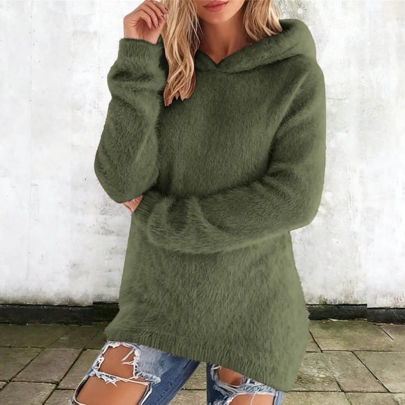 Craaazy Women's Cozy Fuzzy Hoodies Oversized Long Sleeve Pullover Long Tops Gifts