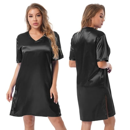 

TiaoBug Women Satin Nightgown V Neck Short Sleeve Sleep Shirt Dress Solid Pajama