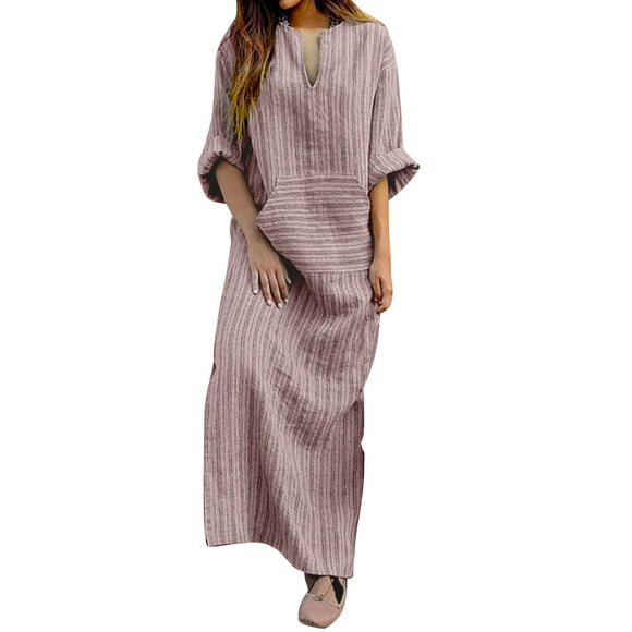 Wijhcboe 2025 Women's New Summer Cotton Cute Casual Dresses for Women And Linen Yarn-Dyed Striped plus Size Summer Dresses for Women Loose Long Dress Striped Midi Dress Women Dresses with Pockets Sex