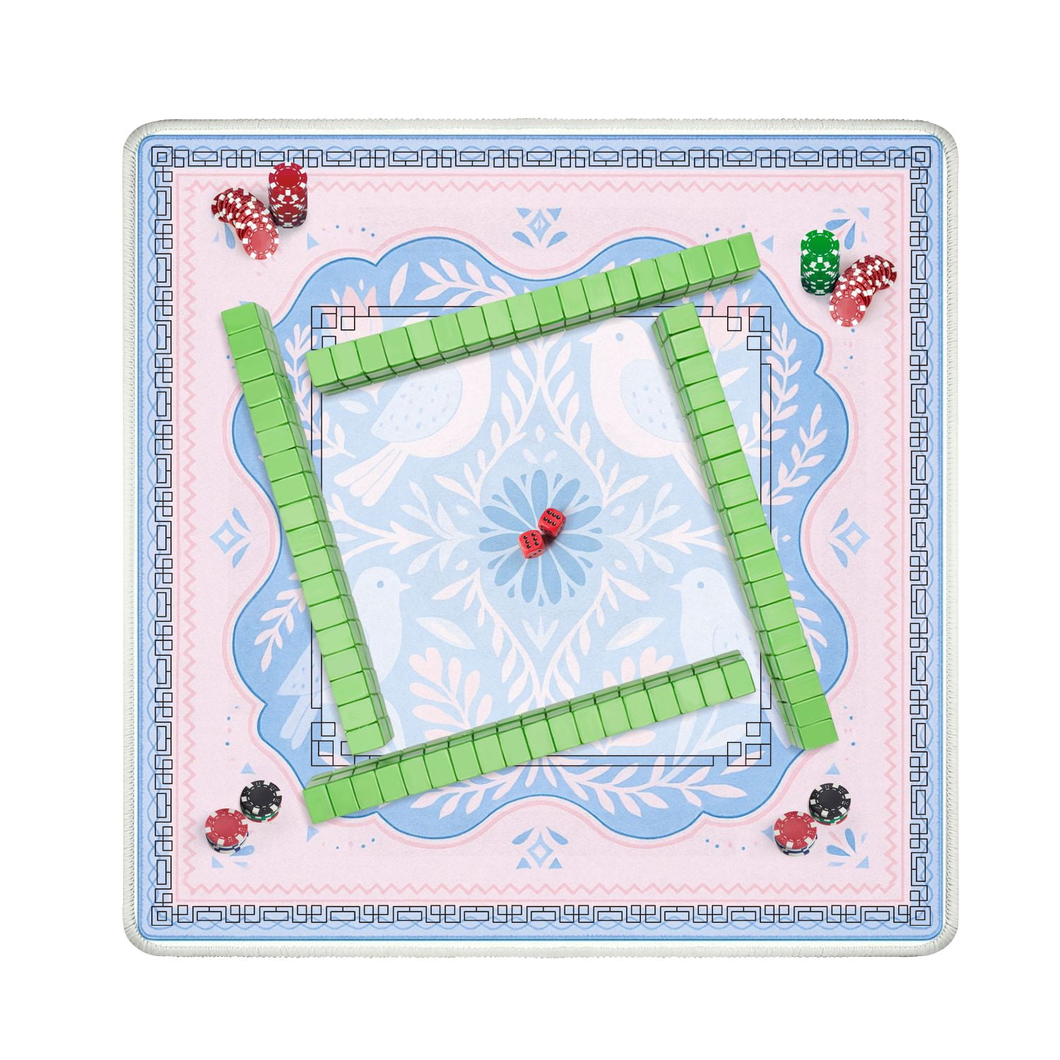 Mahjong Mat 31.5" x 31.5" Pastel Floral Birds Pink Blue Tones Anti-Slip and Noise Reduction Symmetry Design Mahjong Tiles Table Cover for Dominoes Poker Card Board and Tile Games
