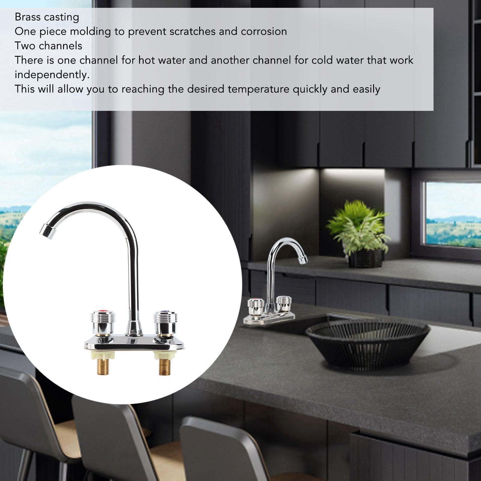 YAHHU 2 Handle Centerset Bathroom Faucet Water Saving Basin Tap for Kitchens Sink Bath Bathtub, Solid Copper Double Hole Hot Cold Mixer, Silver Finish, 10.6 in / 27 cm Length