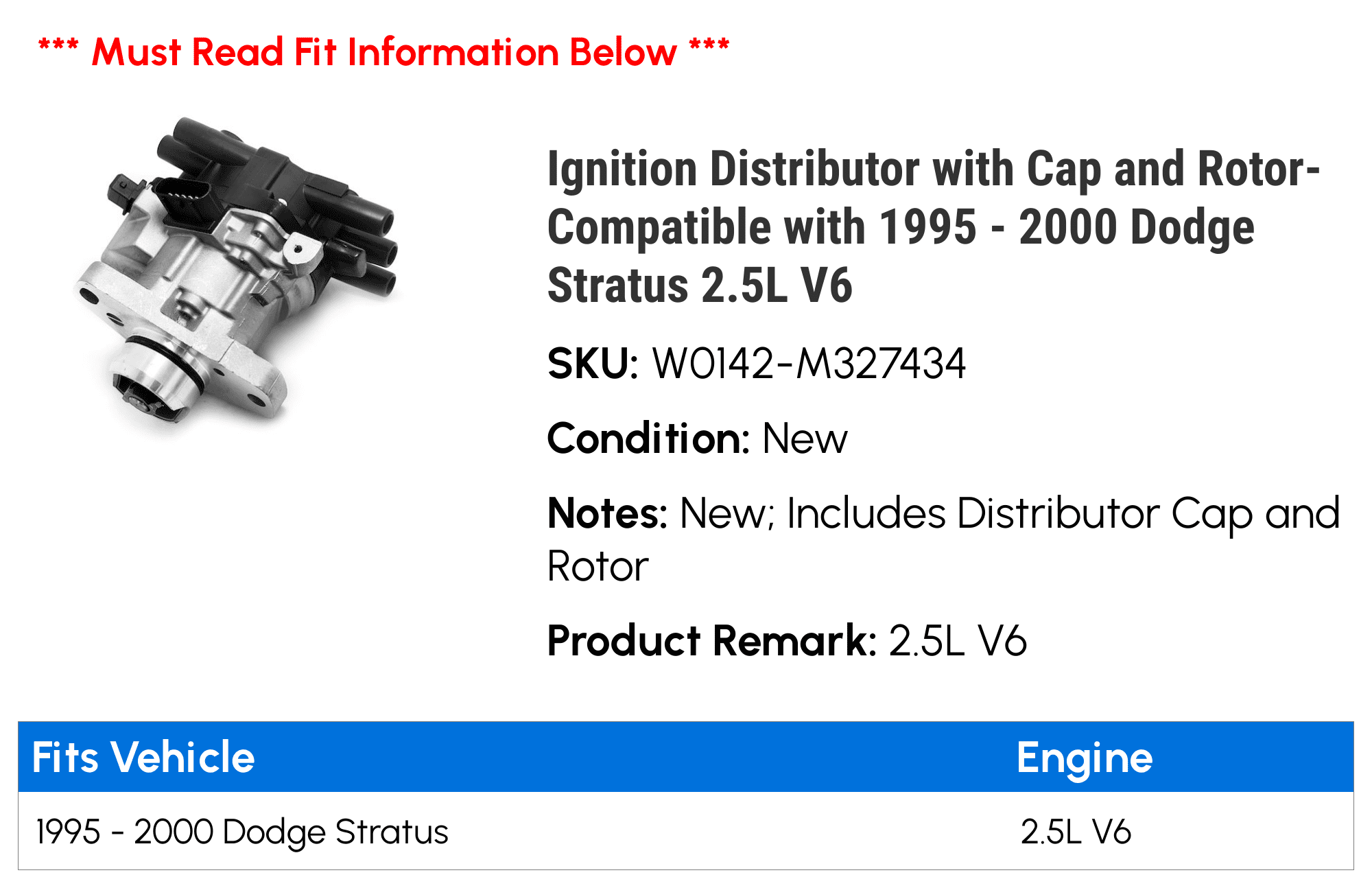 Ignition Distributor with Cap and Rotor- Compatible with 1995 - 2000 Dodge Stratus 2.5L V6 1996 1997 1998 1999