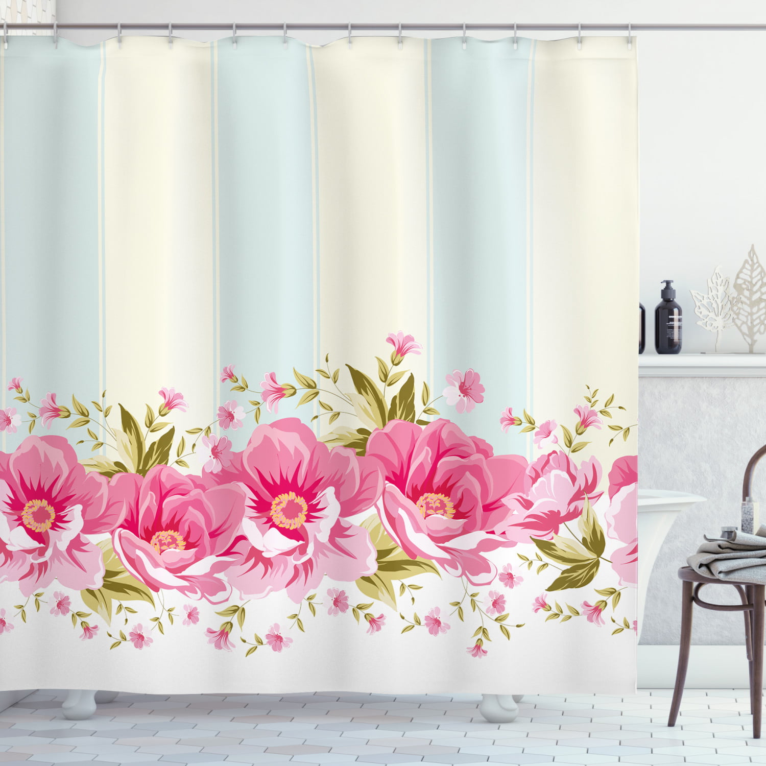 Elegant Blue Peony Flower Bathroom Fabric Shower Curtain Set With Hooks 71 Inch 