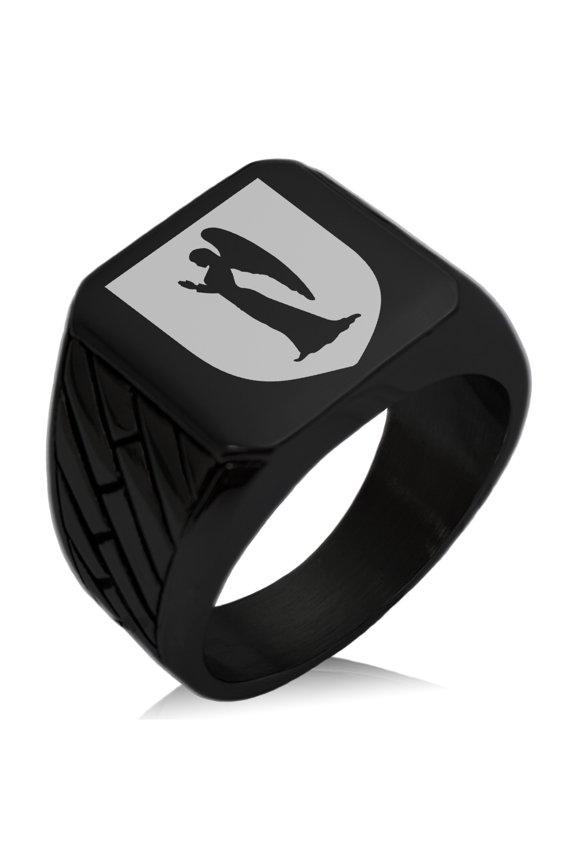 Stainless Steel Angel Divinity Coat of Arms Shield Geometric Pattern Biker Style Polished Ring