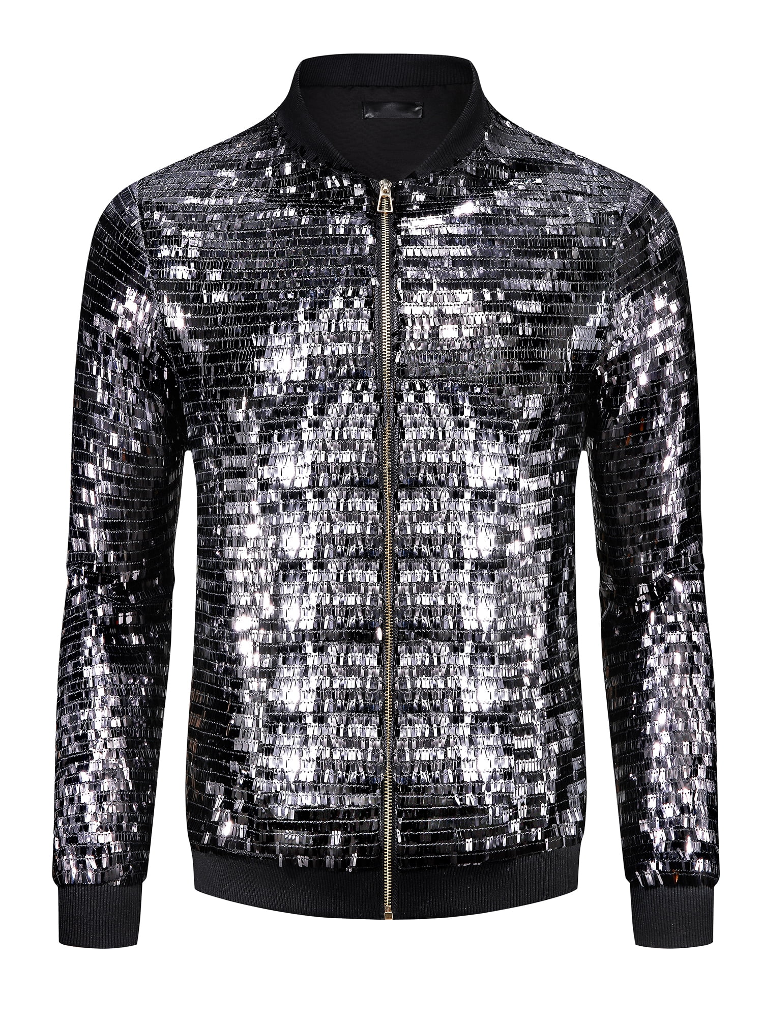 DARING DIVA Men's Sequin Varsity Zipper Disco Sparkly Shiny Bomber Jacket S Black