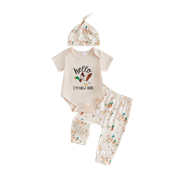 BemeyourBBs Hello I'm New Here Newborn Baby Boys Come Home Outfit Mallard Duck Embroidery Short Sleeve Romper with Pants Hat Cute Infant Summer Clothes