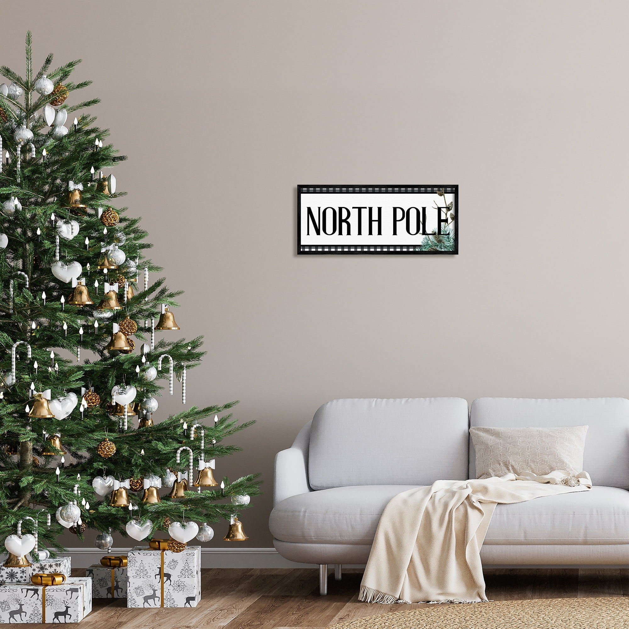 Stupell Industries North Pole Typography Black Plaid Winter Pinecone Foliage Graphic Art Black Framed Art Print Wall Art, 24x10, by Kim Allen