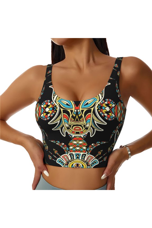 Women's Bra Vest Workout Crop Top for Yoga Pilates Dance Tank, Tribal Head Geometric Ethnic