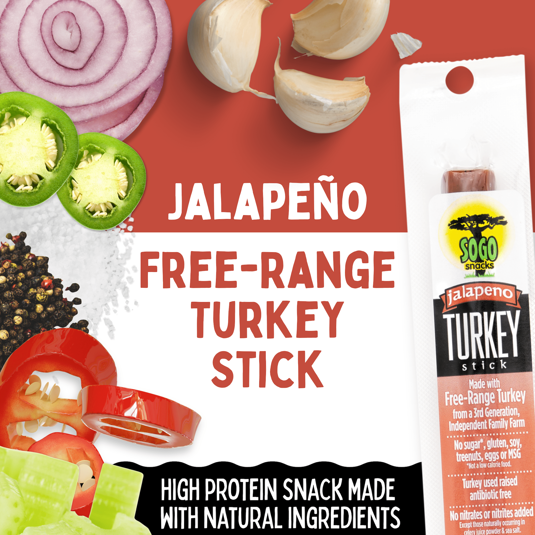 Sogo Snacks Jalapeno Free-Range Turkey Sticks, No Sugar, Keto Friendly, 12 Count, 1-oz