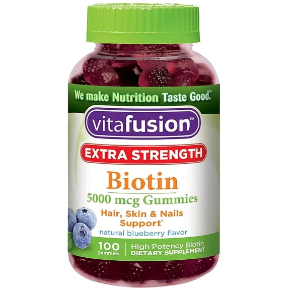 Vitafusion Extra Strength Biotin Gummies, Blueberry, 5000 mcg, 100 Ct