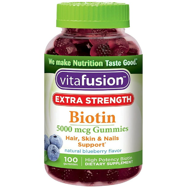 Vitafusion Extra Strength Biotin Gummies, Blueberry, 5000 mcg, 100 Ct -  
