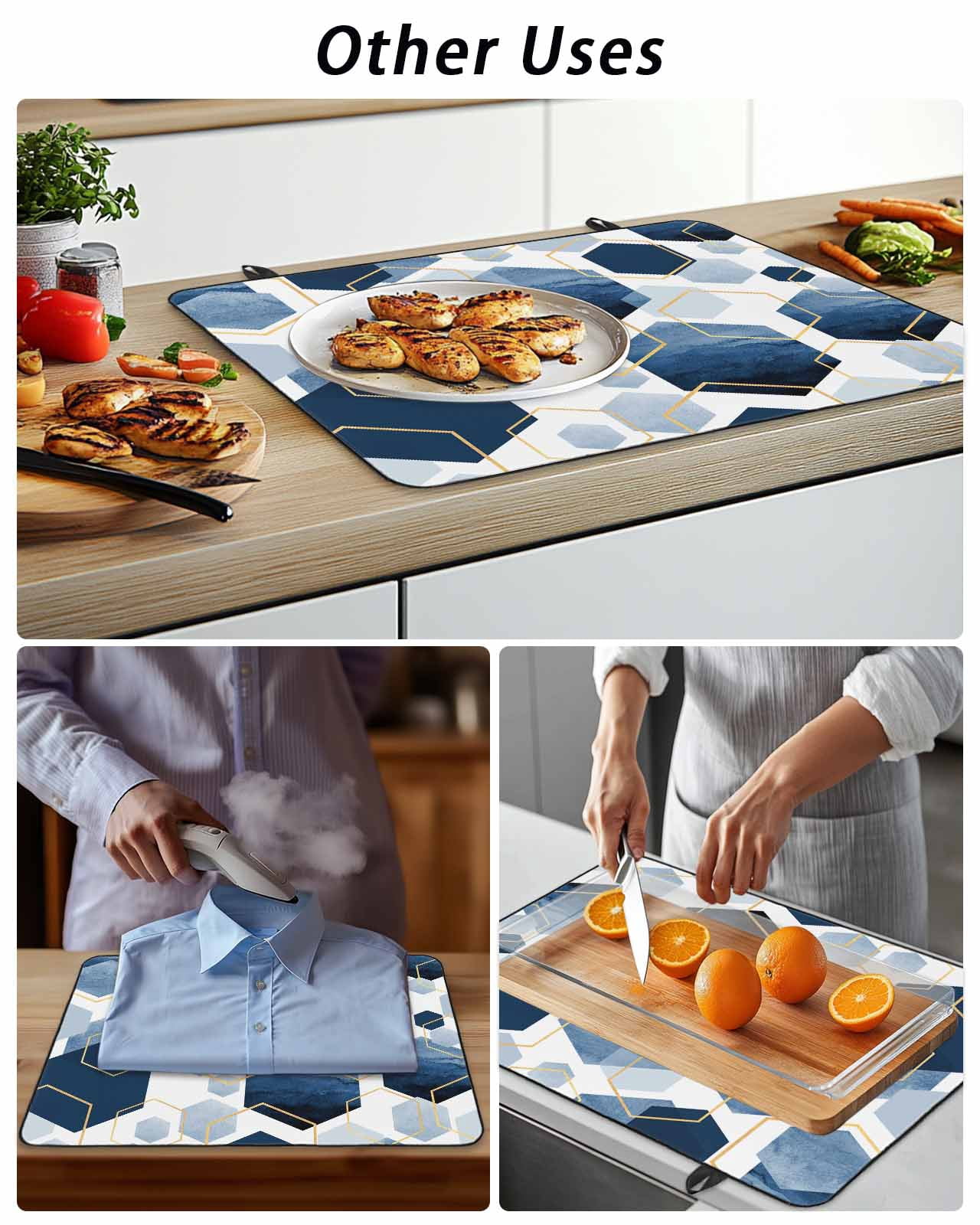 Stove Top Covers for Electric Stove, Navy Blue Marble Glass Stovetop Cover Protector, Gold White Geometric Hexagon Modern Induction Cooktop Protector Oven Mat for Kitchen Countertop 36"x21"