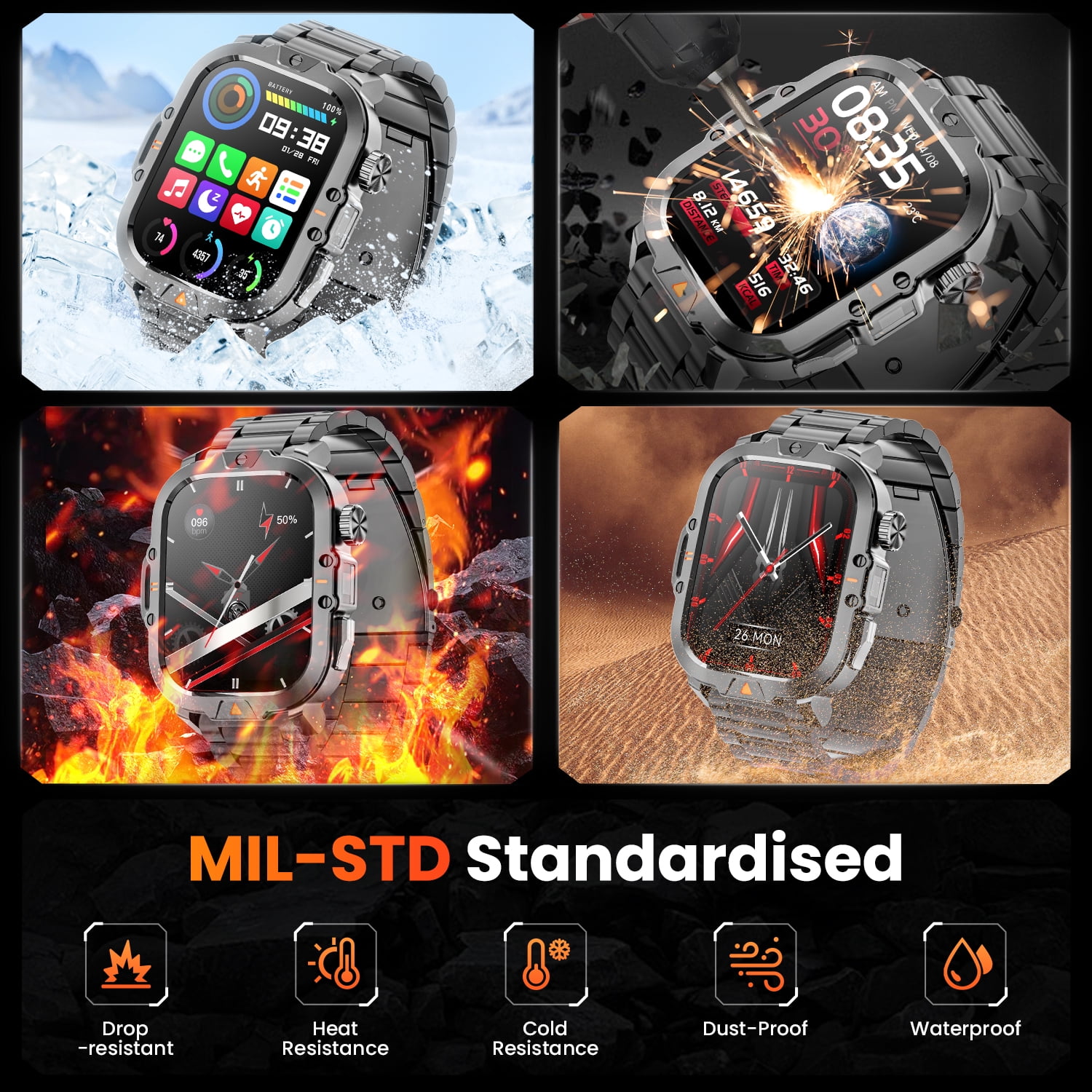 2.01-inch Military Smartwatch for Men with Fitness Tracker, Answer/Call/100+ Sport Modes, IP68 Waterproof, Hiking Travel Pedometer Watch compatible with Android IPhone Devices (Steel Band)